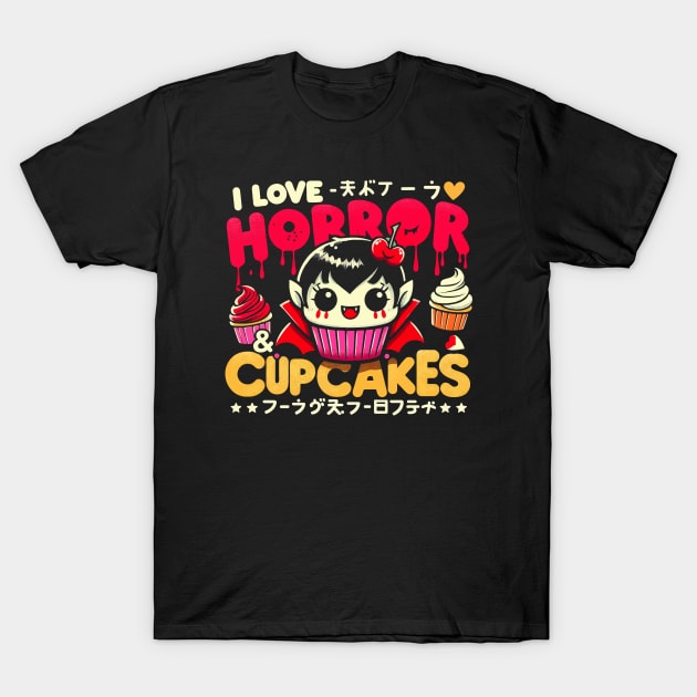 Creepy Cute Vampire Horror - Cartoon Kawaii Cupcake T-Shirt by QuirkyInk